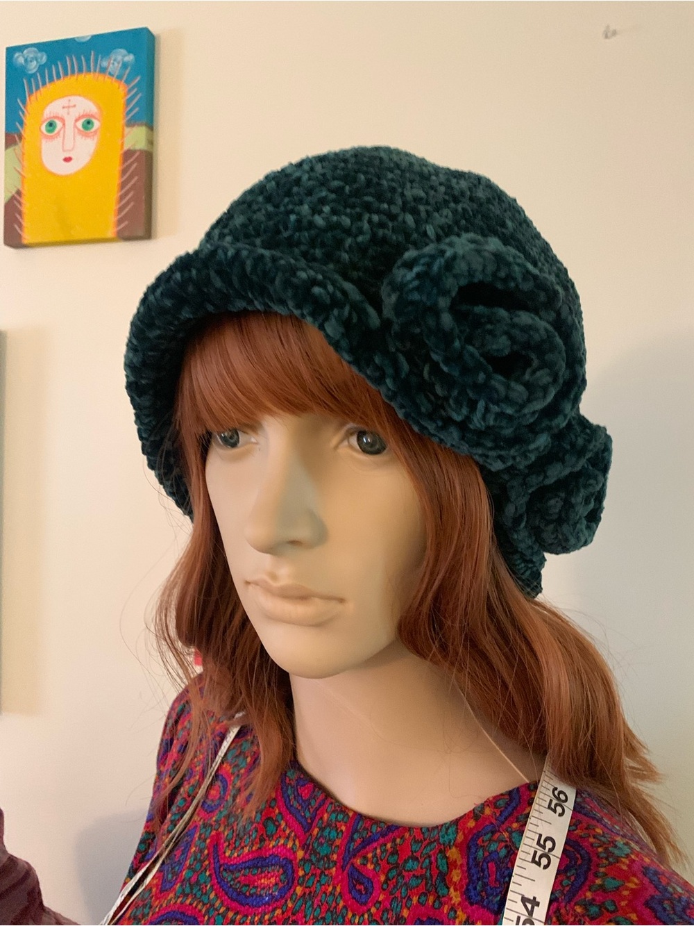 Plush Chunky Knit Velvet Flower Cloche Hat - Dark Teal